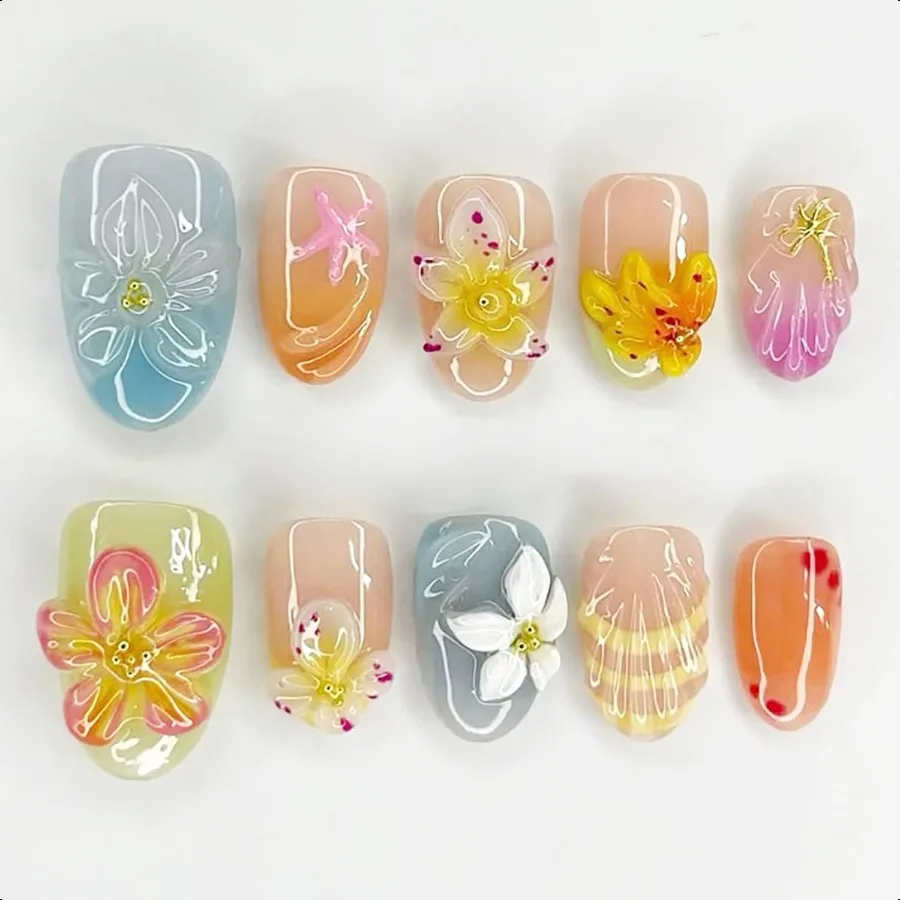 

30Pcs Colorful Flower Pr on Nails Short Almond Fake Nails with Gold Bead Starfish Designs Glossy Full Cover False Nail 3D Water