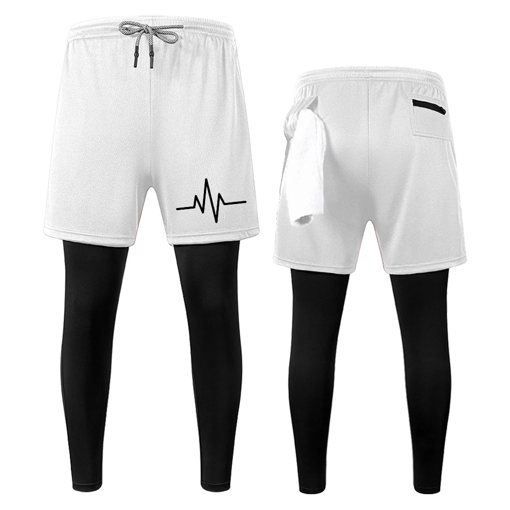 Men's 2-in-1 Quick Dry Workout Gym Athletic Pants Simple Lines Print Double Layer Compression Leggings Fitness Training Jogging