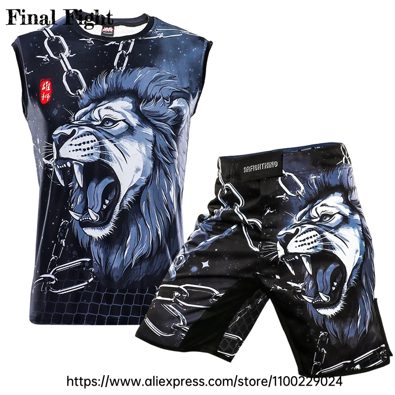 

MMA Grappling Pants Tank Top Men's Lion Kickboxing Fight Shorts Martial Arts Jiu Jitsu Training Muay Thai Boxing Shorts Shirt