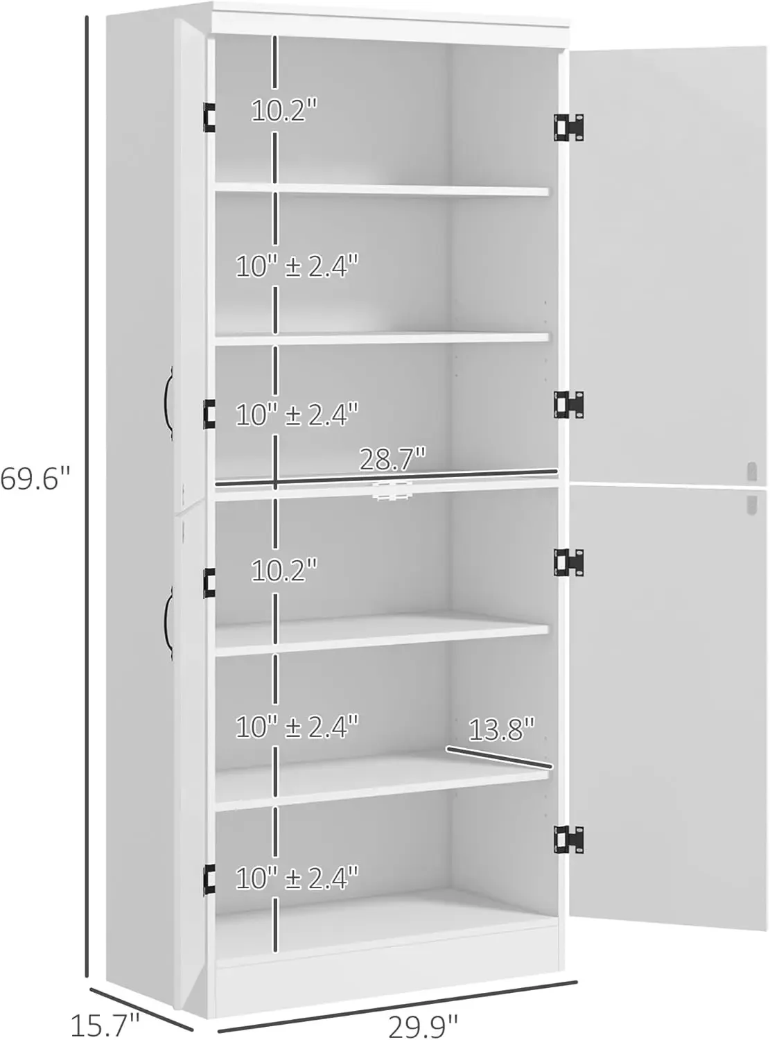 Armario de despensa de cocina de 70 ", armario de almacenamiento independiente con 4 puertas y 2 estantes ajustables para comedor, blanco