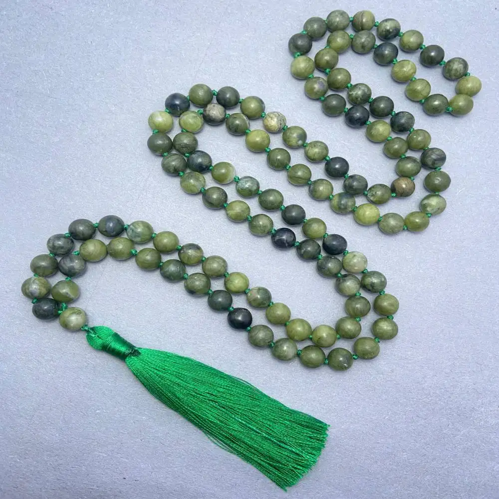

Natural Green Jade 108 Beads Mala Necklace with Green Tassel Spiritual Meditation Jewelry