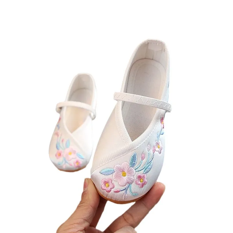 Chinese Style Girls Embroidered Shoes for Kids Flower Floral HanFu Shoes Children Soft Rubber Traditional Cloth Shoes