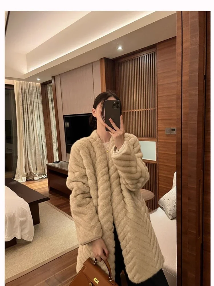 2024ฤดูหนาวใหม่Faux Mink Fur Coat Midiความยาวสไตล์เกาหลีเป็นมิตรกับสิ่งแวดล้อมขนสัตว์One Pieceเสื้อแจ็คเก็ตสตรีPlush Coat Overcoat