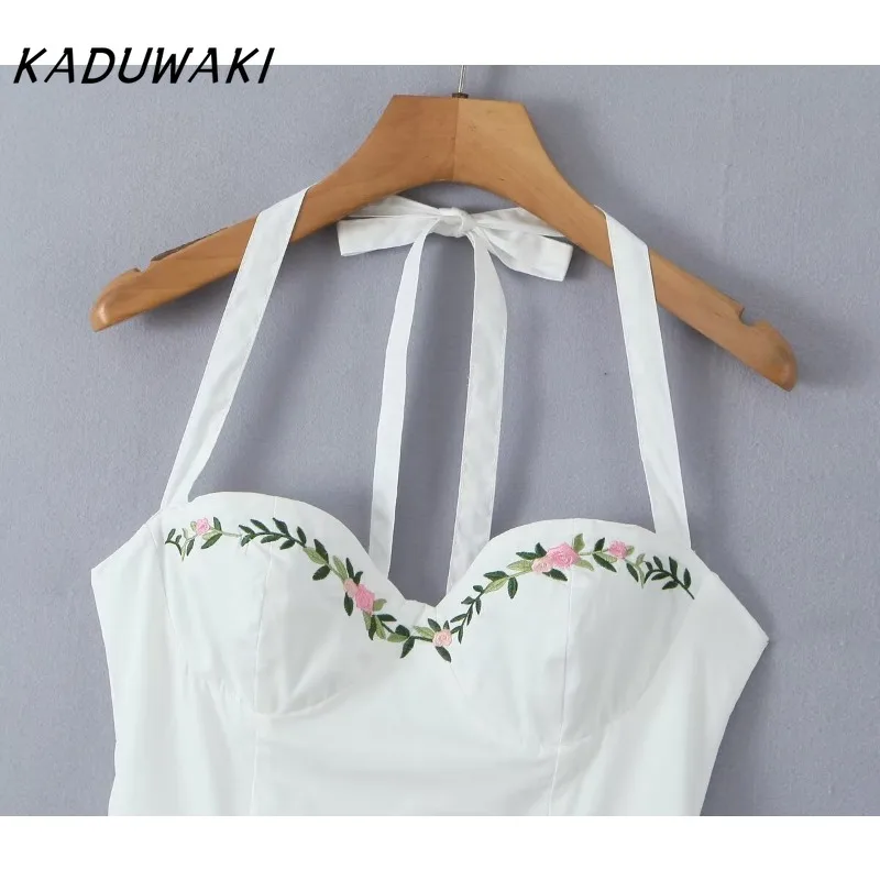 KADUWAKI Sexy White Deep V Chest Embroidery Flower Corset Style Bow Halter Sling Dresses Backless Low Waist Ball Gown Swing Robe