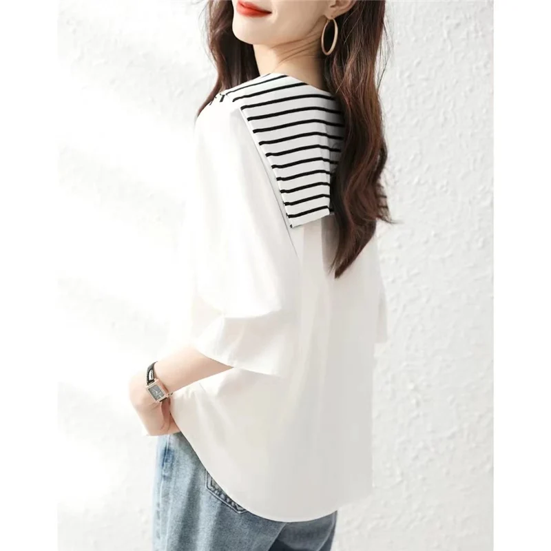 Women Summer Fashion Sailor Collar Striped Printed Patchwork Short Sleeve Loose Blouses Tops Casual Sweet Street Shirts Clothing