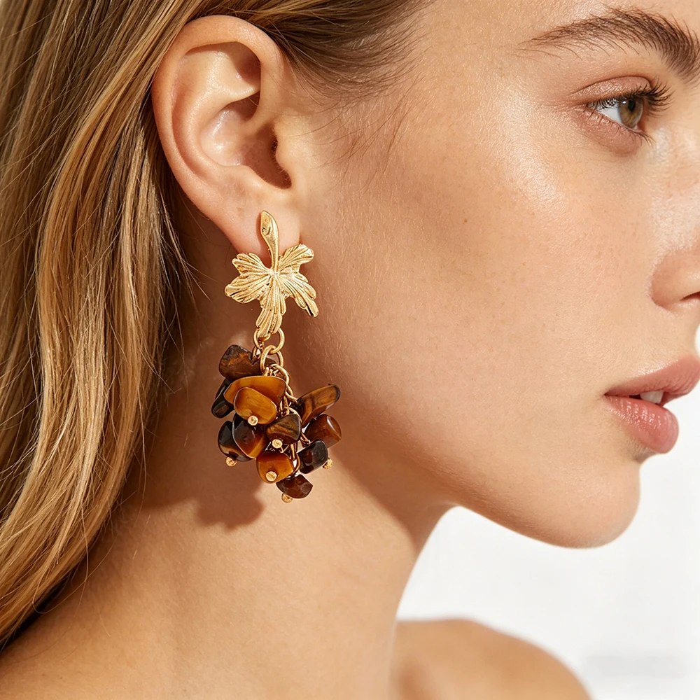 Cluster Stud Ear - Vintage Gold Plated Leaf Dangle Earrings