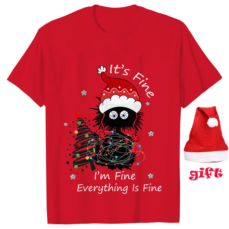 Funny Cat Its Fine I\'m Fine Everything Is Fine Women T-Shirt Christmas Lights Party Tops Female Clothing with Christmas Hats