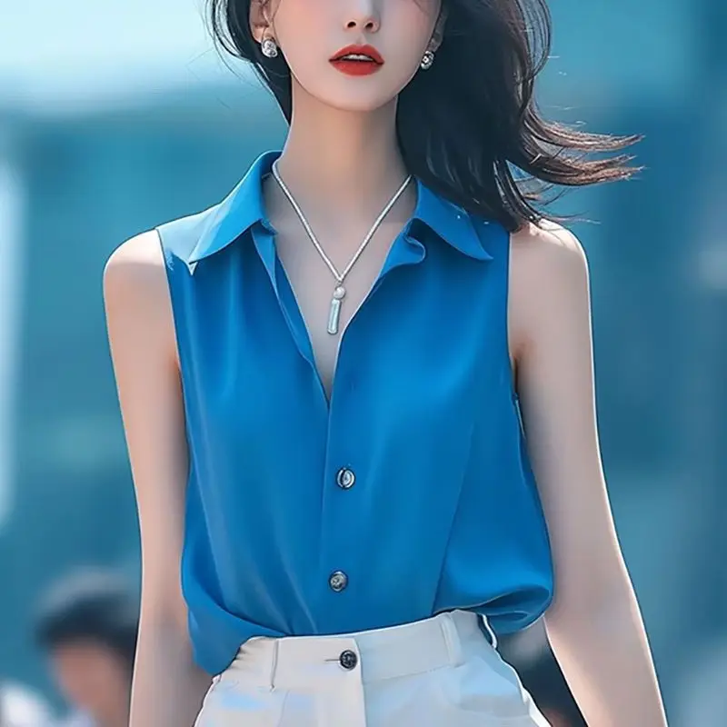 Summer Casual Buttons Solid Color Turn-down Collar Sleeveless Blouse Ladies Office Lady All-match Shirts Women Clothes Top Tee