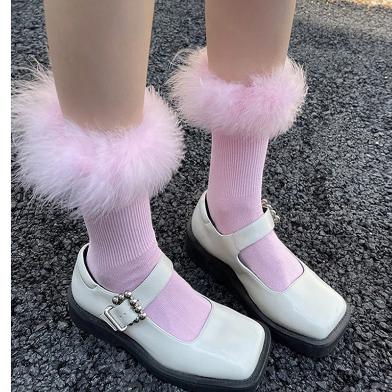 

10 Colors Women Socks Winter Autumn Cotton Soft Mid-calf Socks Candy Color Highlight Streetwear Feather Ruffles Y2K Hosiery