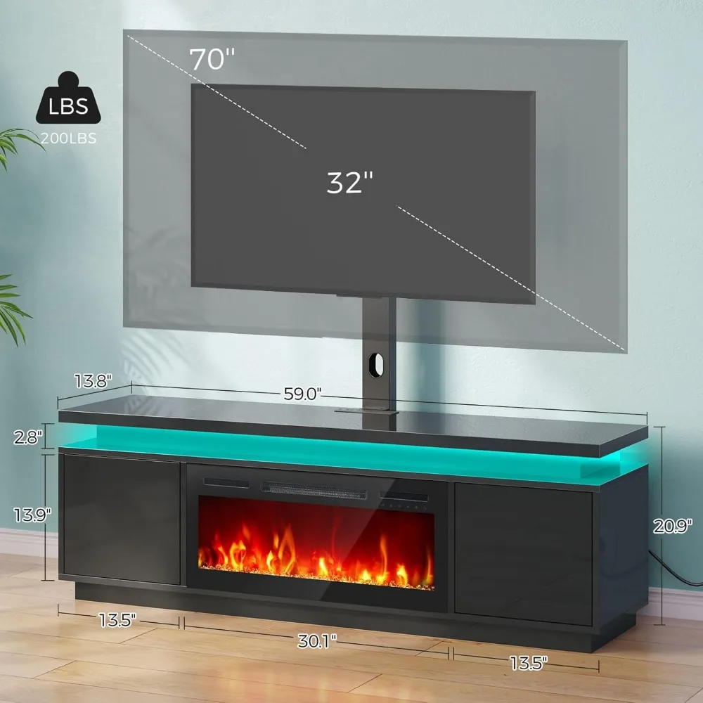 Elétrica Lareira TV Stand com luzes LED e tomadas de energia, Mount para 45-70 "TVs