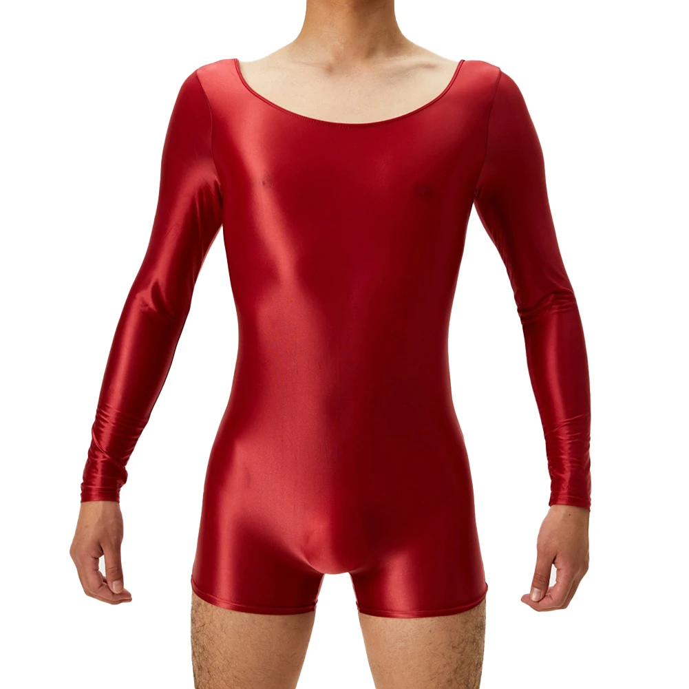 Jumpsuit Bodysuit Glossy High Elastic Nylon O Neck Oil Shiny Quick-drying See Through Shaping Pants Solid Color
