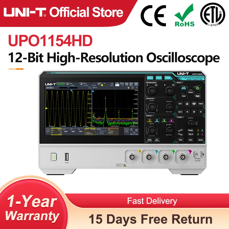 Osciloscopio UNI-T UPO1154HD UPO1082HD 2/4 canales 1,25GSa/s Osciloscopio de alta resolución 80/150MHz ancho de banda 12 bits ADC Sampe