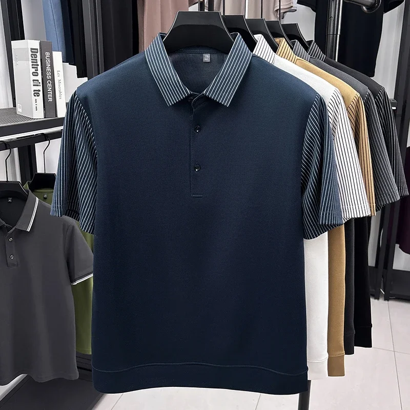 Casual Men Striped Sleeve Polo Shirt Short Sleeve Business Breathable Lightweight Summer Top