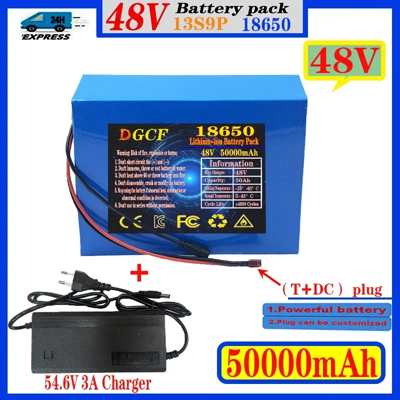 

New 48V 13S9P 50Ah 18650 Lithium Battery Pack 1000W High Power For Electric Bicycle Scooter Ebike Tricycle Cell+54.6V 5A Charger