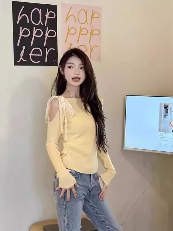 

Корейский женский облегающий топ-база с длинным рукавом, сладкий и дерзкий дизайн, весна-осень, новинка, укороченный крой