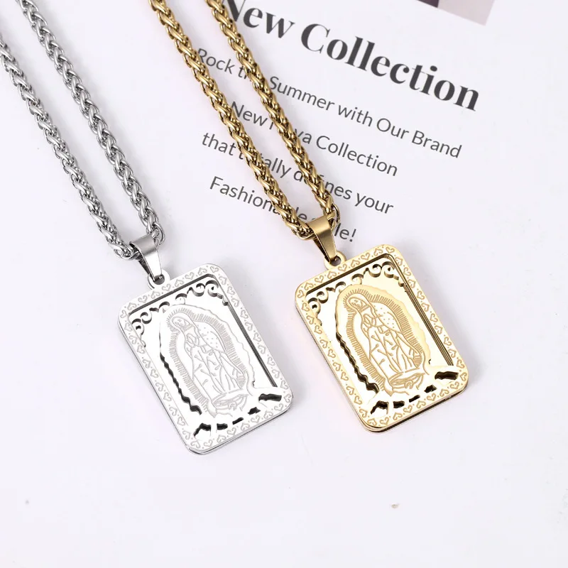 

Square retro portrait prayer necklace women's men's stainless steel gold medal necklace jewelry