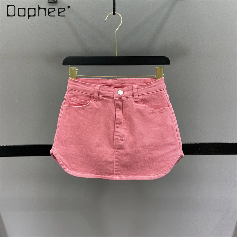 

Sweet Jean Mini Skirt Women 2023 Spring and Summer New Woman Pink Denim Short Pantskirt High Waisted Slimming Hip-Wrapped Skirts