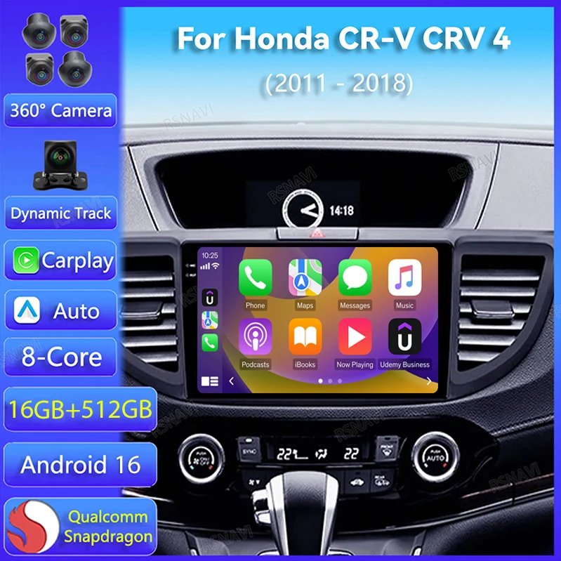 Rádio Automotivo Android 16 para Honda CR-V CRV 4 RM RE 2011 - 2018 com Carplay, GPS, Navegação, Reprodutor de Vídeo 2 Din, DVD, WIFI+4G e Bluetooth