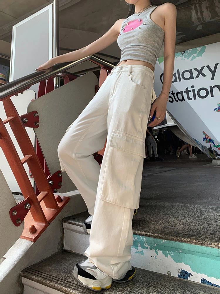 

Белые прямые брюки для спецодежды с высокой талией, женские новые 2024, свободные утягивающие широкие джинсы в американском стиле ретро, повседневные брюки