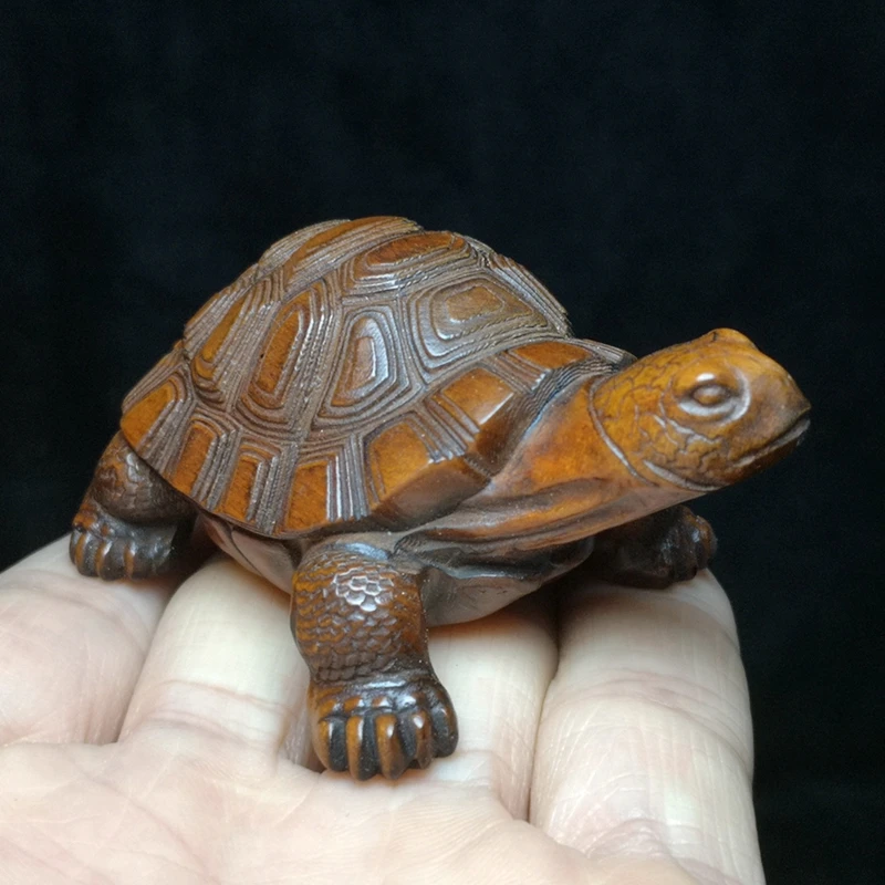 1919 Antique art Size 2.5 Inch Old Chinese Boxwood Wood carved Turtle Tortoise Statue Netsuke Table Decoration Gift Collectable