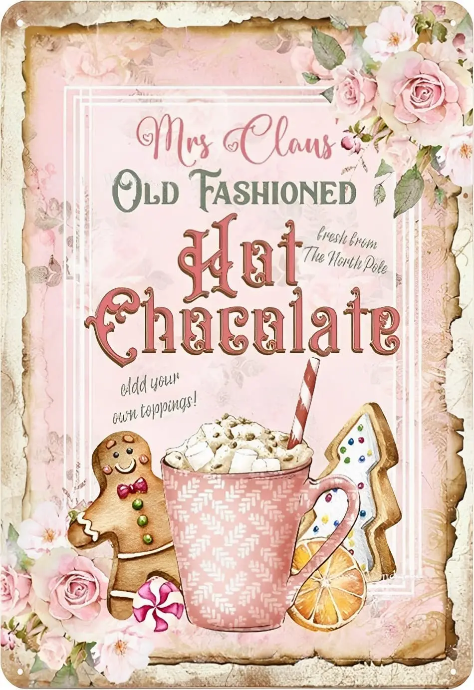 Mrs Claus Hot Chocolate Sign Pink Christmas Hot Cocoa Shabby Chic Tin Sign Vintage Metal Tin Sign Decor Gifts for Girls Living R