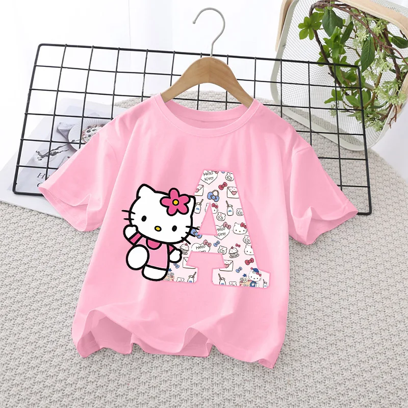 

Sanrio Hello Kitty Pink T-shirt Girls Clothes Short Sleeve Toddler Summer Cotton Outdoor Wear Hip Hop Shirts Kids Birthday Tops