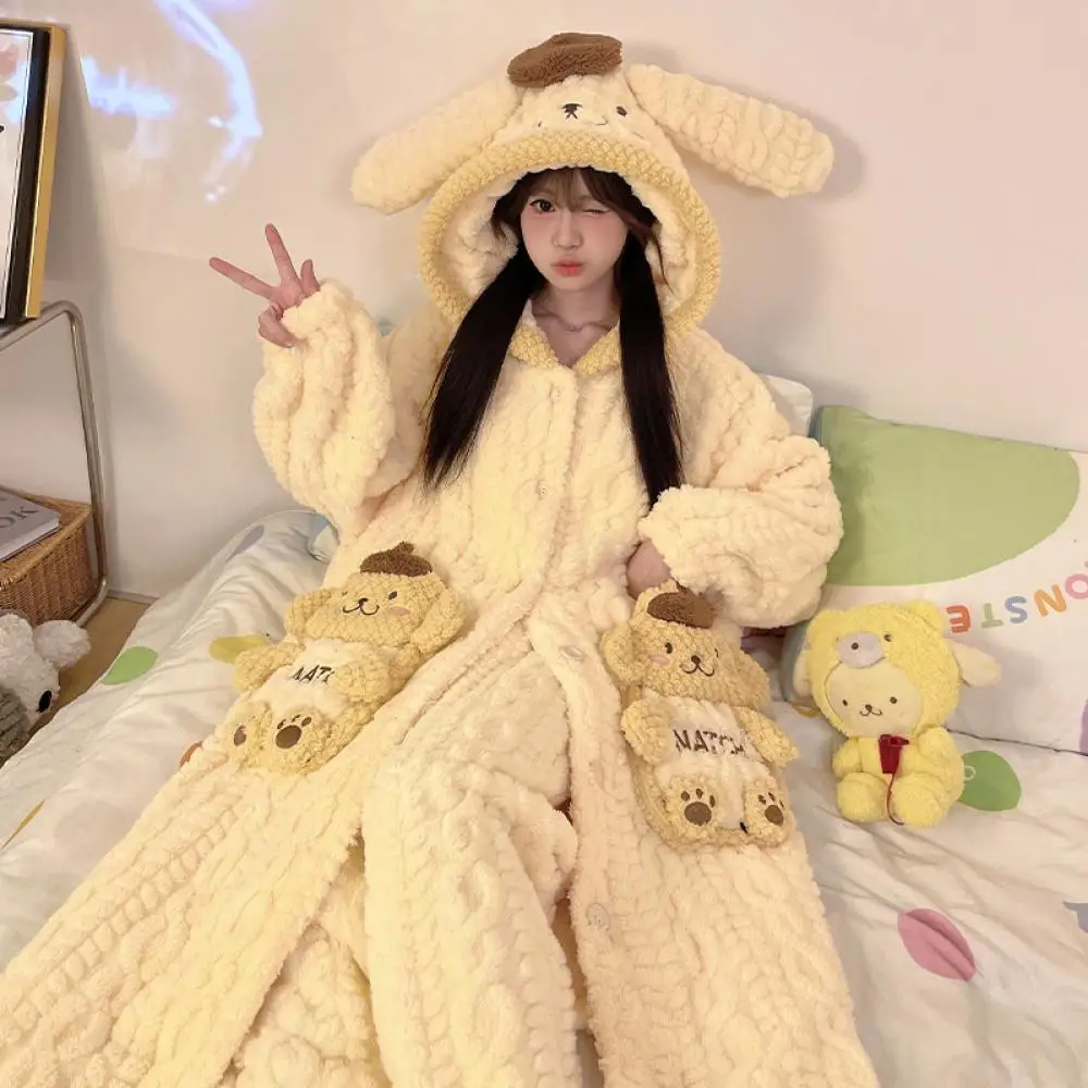سانريو Kawaii 2 قطعة بلدي ميلودي المرأة الشتاء أفخم بيجامة مجموعة الكرتون الشتاء رشاقته رداء حمام بقلنسوة فتاة ملابس المنزل الدافئة لطيف
