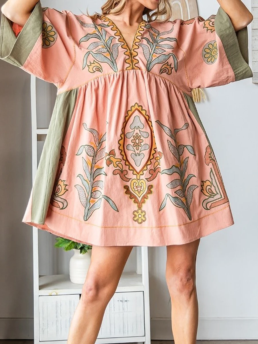 Robe d'été style Boho pour femmes, col en V, t-shirt court, Y2k, imprimé floral, nuisette, adt Flowy, ligne A, mini, vêtements de plage