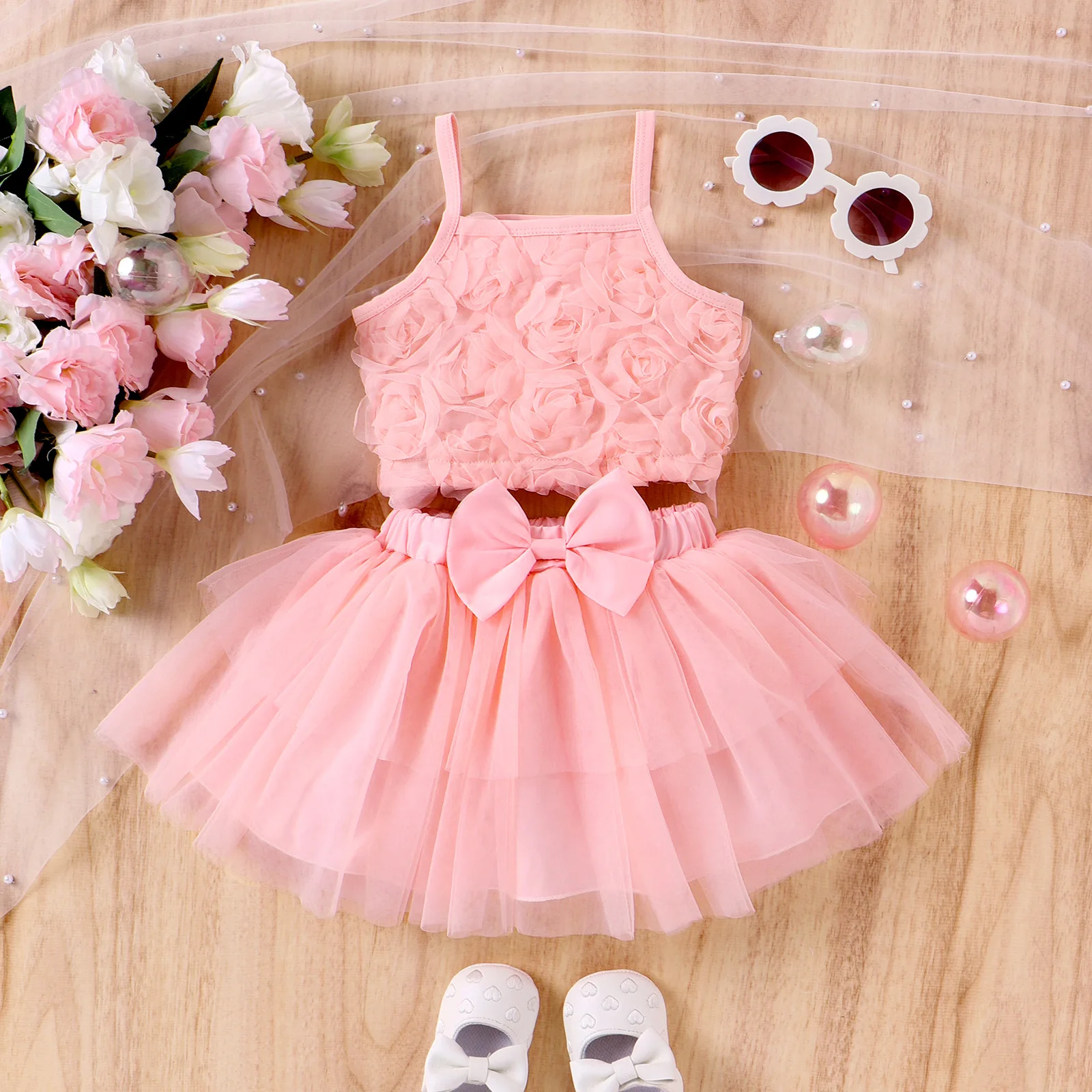 Toddler Girl's 2 Pieces Outfits 2025 Summer New Pink Sweet Flowers Crop Top And Bow Front Mesh TUTU Skirt Set Baby Clothes Sets