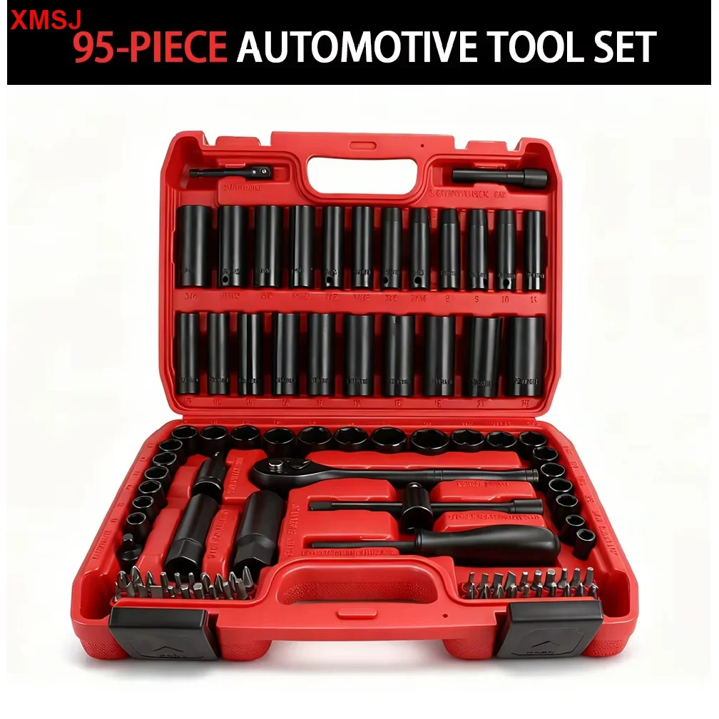 XMSJ 95Pcs Ratchet Wrench Socket Set, 3/8 Inch Metric & SAE 72-Tooth Socket Kit, Hand & Pneumatic Tools for Home & Auto Repair
