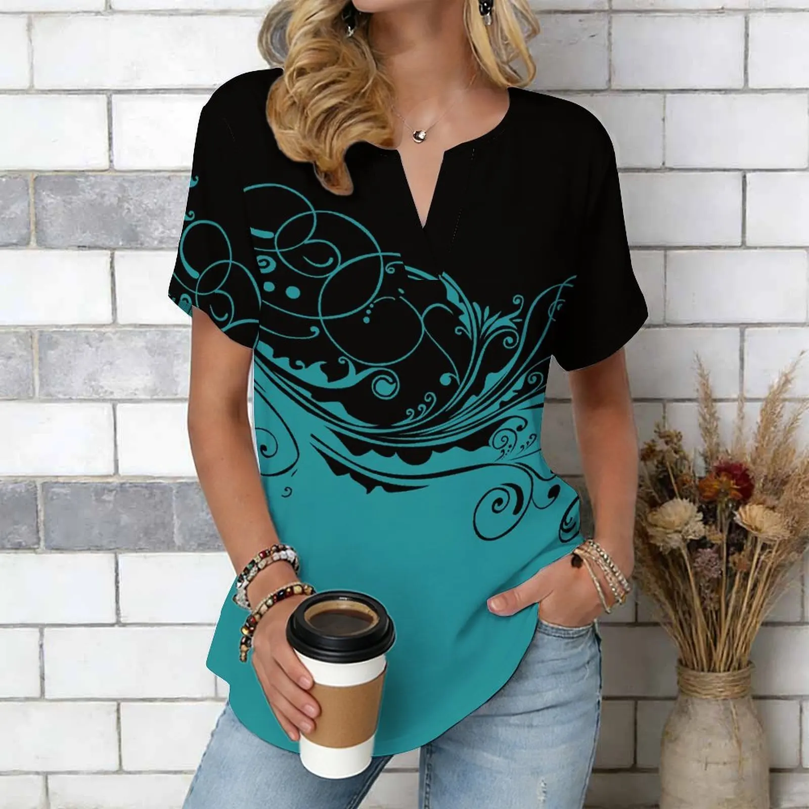 Women Print Notched V Neck Short Sleeve Casual Loose Tunic Tops