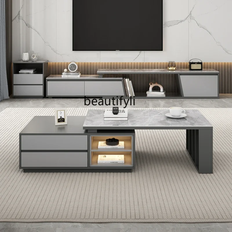 Simple Stone Plate Can Be Contraction Band Induction Lamp Coffee Table TV Cabinet Combination Living Room Tea Table