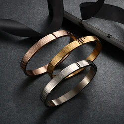 Fashion Stainless Steel 4mm/8mm Width Roman Number Cuff Bangles Bracelets For Women Men Lover Wedding Jewelry Gift
