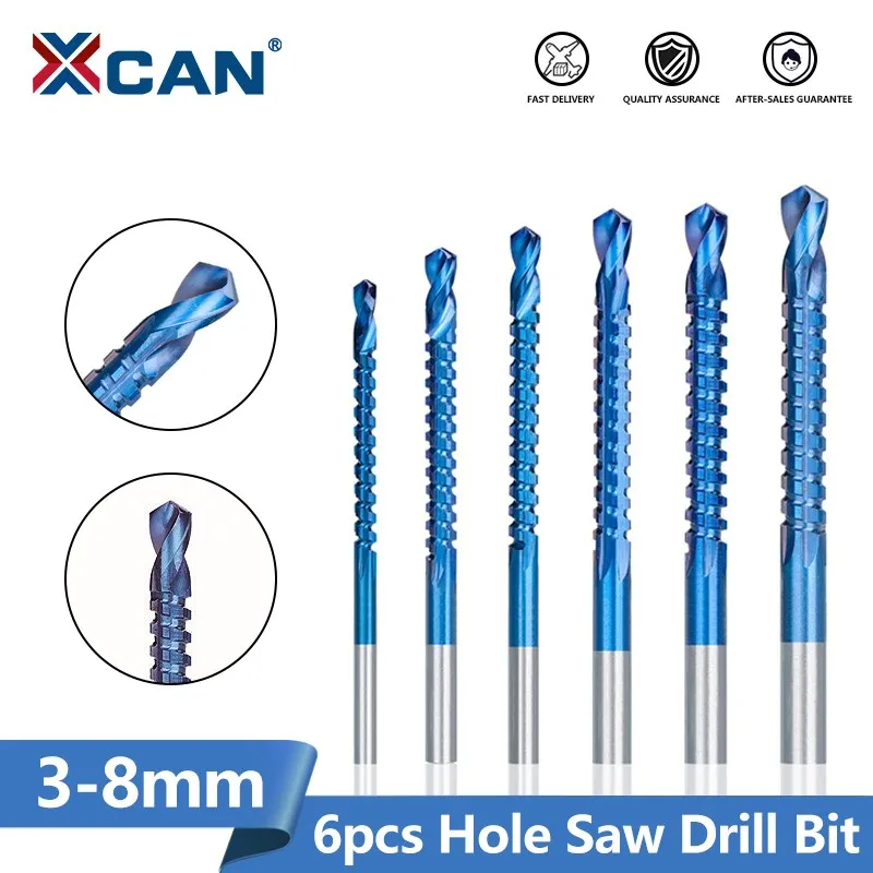 XCAN 3-8mm HSS Hole Saw Drill Bit 6pcs Titanium Coated Electric Drill Bit for Wood Plastic Metal Hole Grooving Carpentry Tools