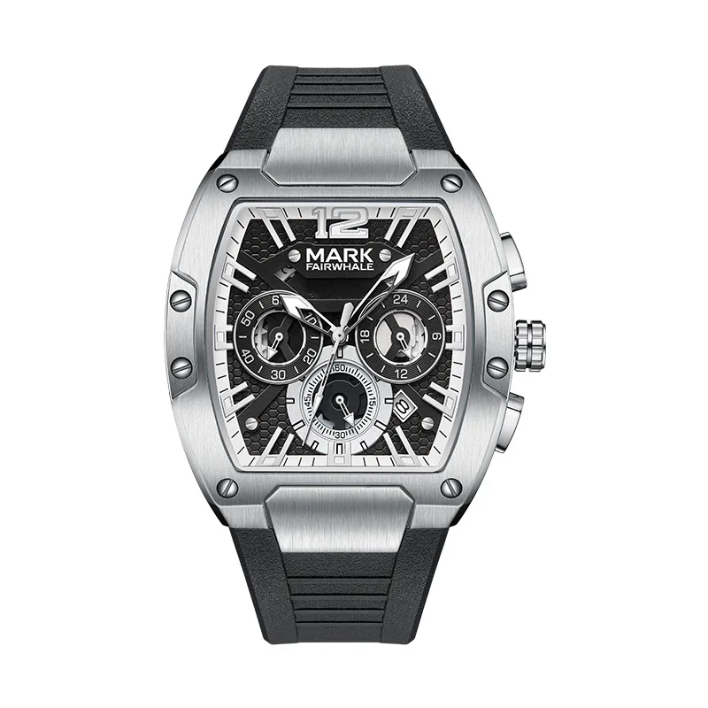 Multifunction Six Hands Quartz Watch for Men with Waterproof Luminous Business and Tonneau Silicone Strap for Office