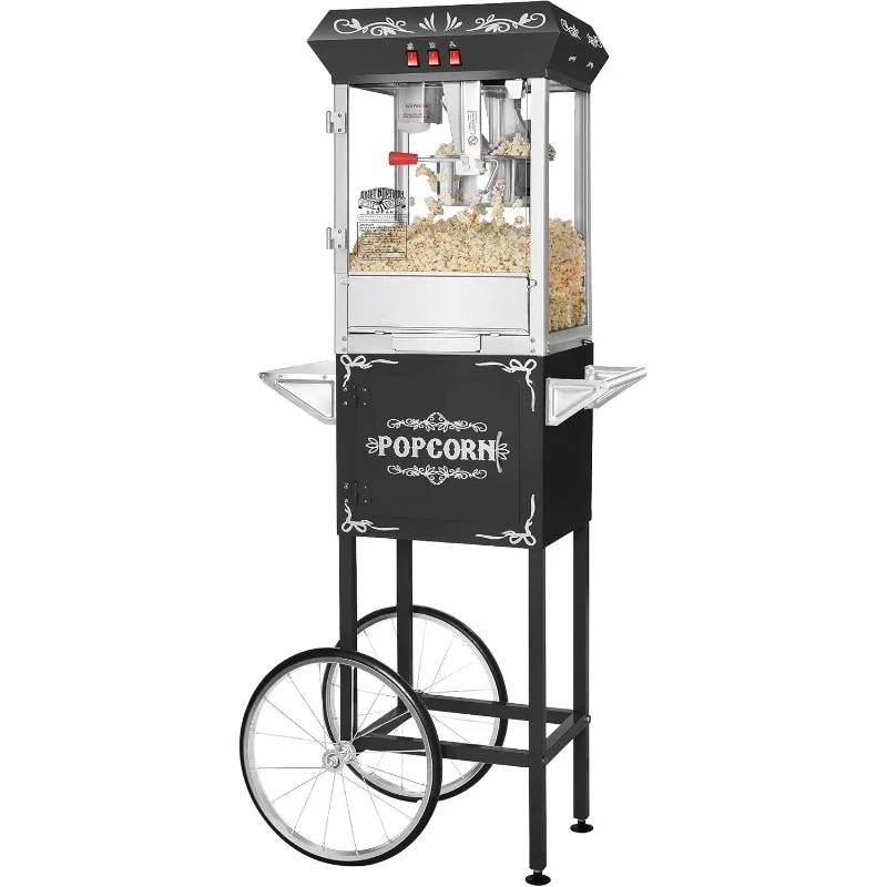 Popcorn Machine with Cart - 8oz Popper with Stainless-Steel Kettle, Warming Light, and Accessories (Black)