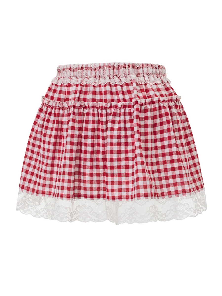 Elegant Plaid Mini Skirt with Floral Lace Detailing and Frill Trim A-Line Hem Design for Women s Fashion