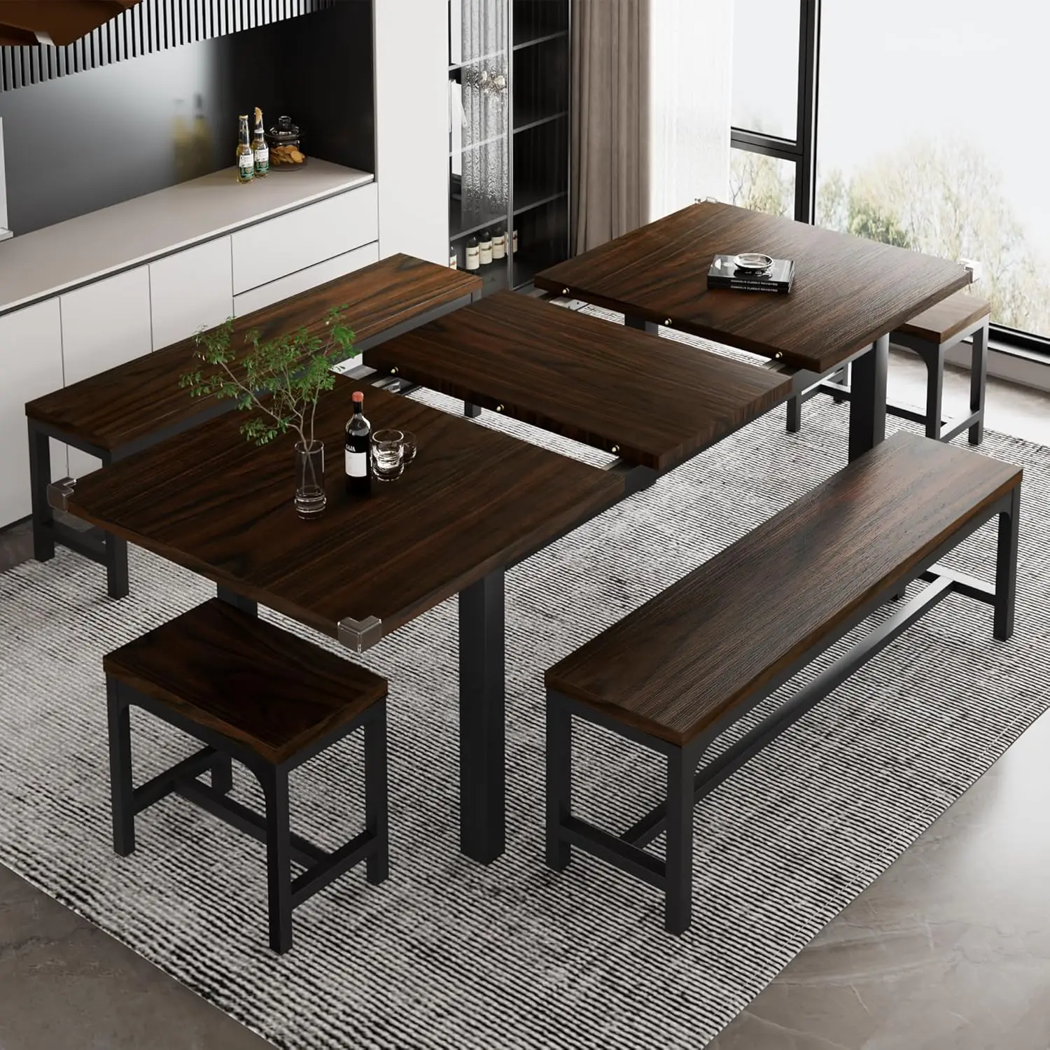 5-Piece Dining Table Set for 4-8 People, Extendable Kitchen Table Set with 2 Benches and 2 Square Stools, Mid-Century Dining Roo