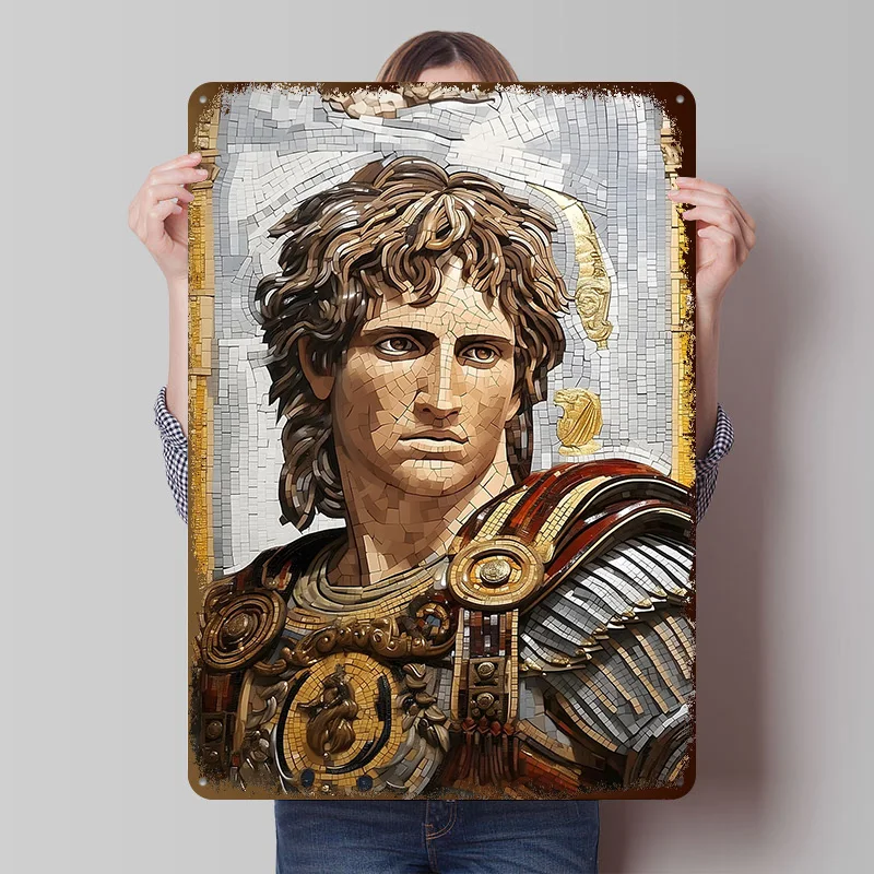 Alexander der Große Mosaik-Porträt-Poster, individuelle Wandkunst, Vintage-Metallschilder, Retro-Blechschild für Männerhöhle, Dekoration, Zuhause
