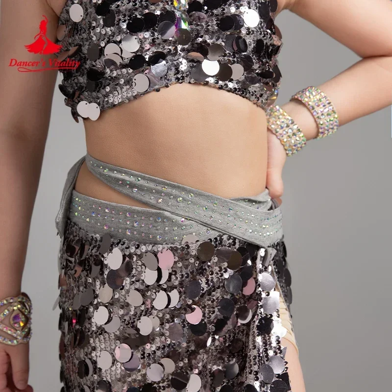 Belly Dance เสื้อผ้าชุดเด็กหรูหรา Rhinestone เลื่อมเครื่องแต่งกายประสิทธิภาพสาว Oriental Belly เต้นรําชุด