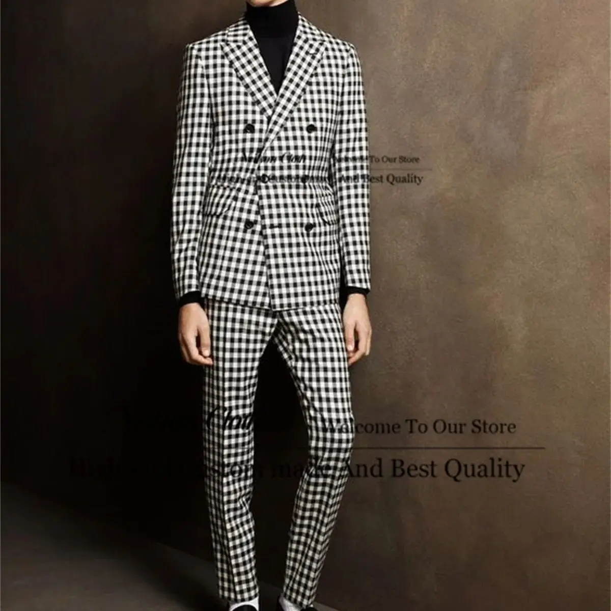 

Plaid Men Suits 2 Pcs Sets Double Breasted Male Prom Blazers Peaked Lapel Groom Wedding Tuxedos Slim Fit Business Costume Homme