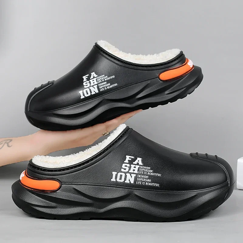 Sepatu Pria Sepatu Hangat Musim Dingin Lapisan Bulu Sandal Kapas Dalam Ruangan Pasangan Platform Sepatu Dapur Luar Ruangan Sandal Rumah Tahan Air