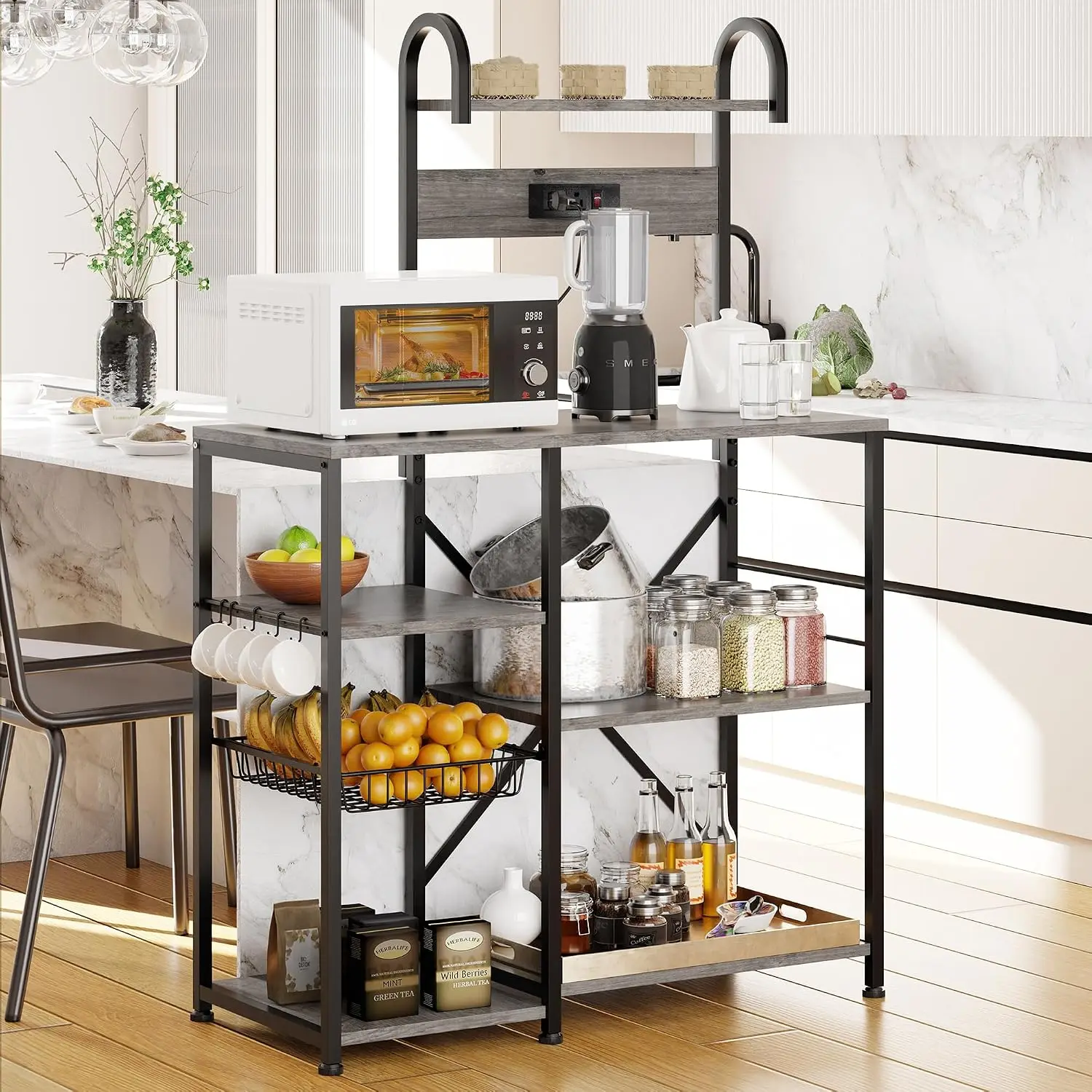 Shintenchi Kitchen Bakers Rack with Power Outlet, Multifunctional Organizer & Storage with 6 Hooks, Microwave Oven Stand, and Co