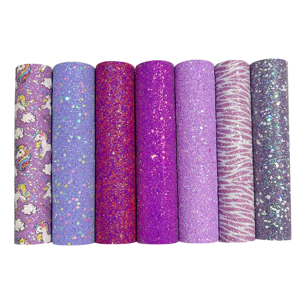 QIBU 50x120cm Wholesale Chunky Glitter Fabric Purple Synthetic Leather Rolls DIY Hairbow Accessories Crafts Materials Decoration