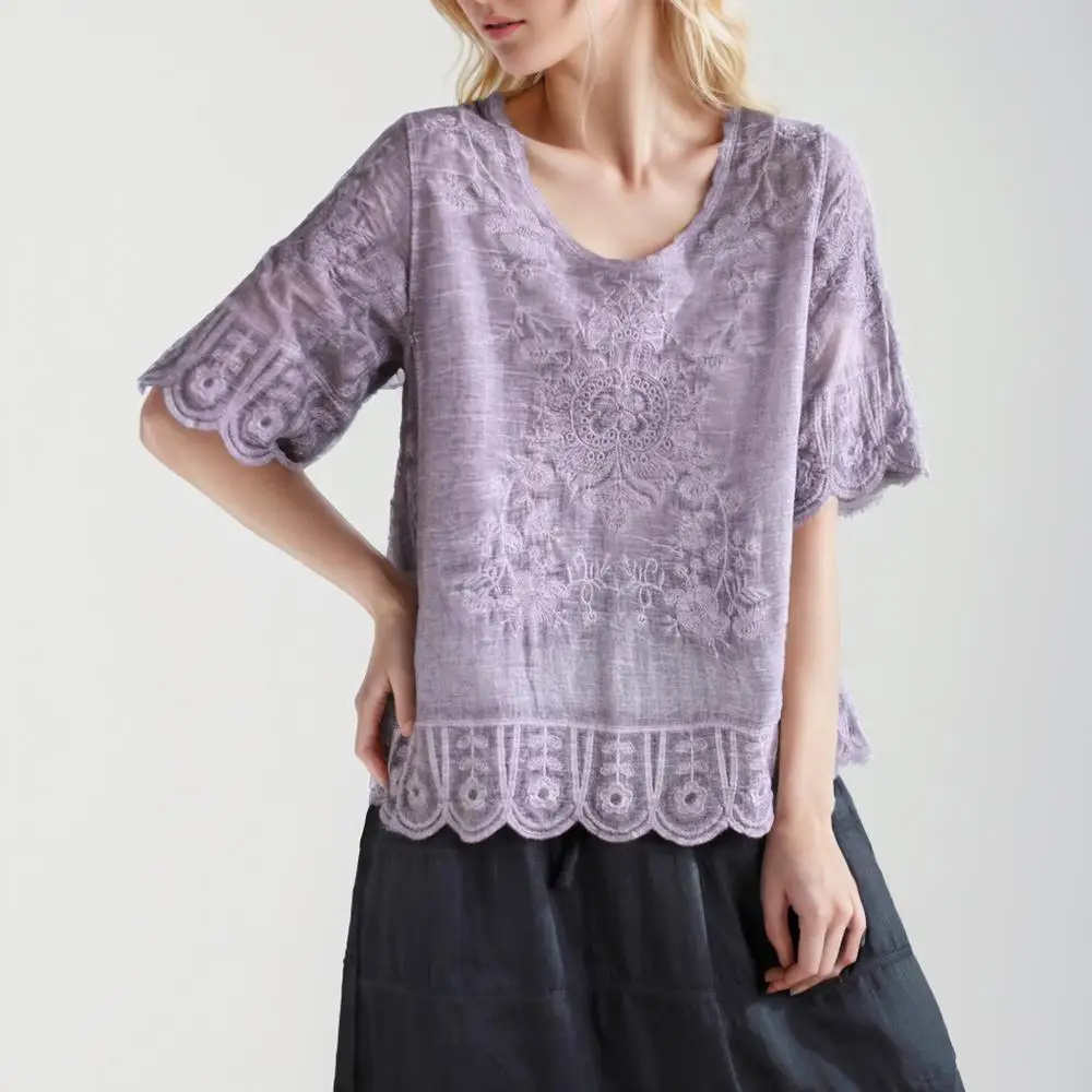 

Dimanaf 2024 Lace T-Shirt Summer Women Solid Pattern Cotton Casual Style Purple Loose Tops