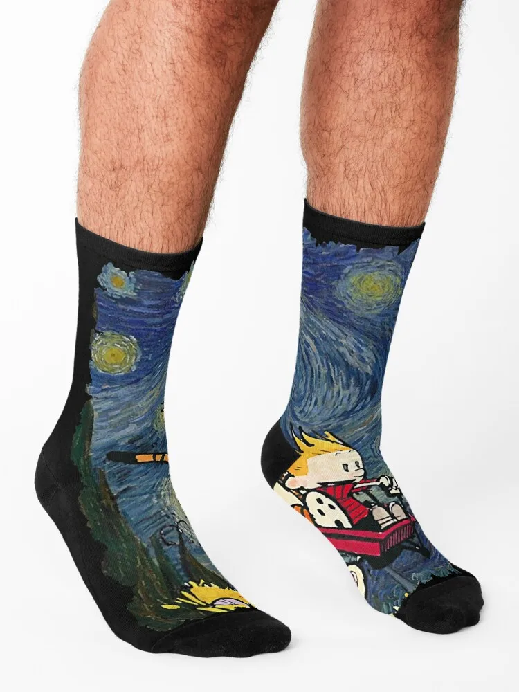 Calvin y hobbes stary night Calcetines Medias hombre dibujos animados regalos antideslizantes Calcetines Mujer Hombre