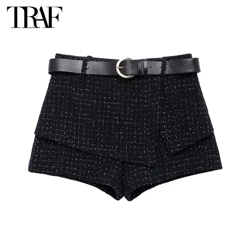 

New 2025 Belt Women's Shorts Sets High Waist Mini Shorts for Women Black Textured Skirt Shorts Women Fashion Skort for Women