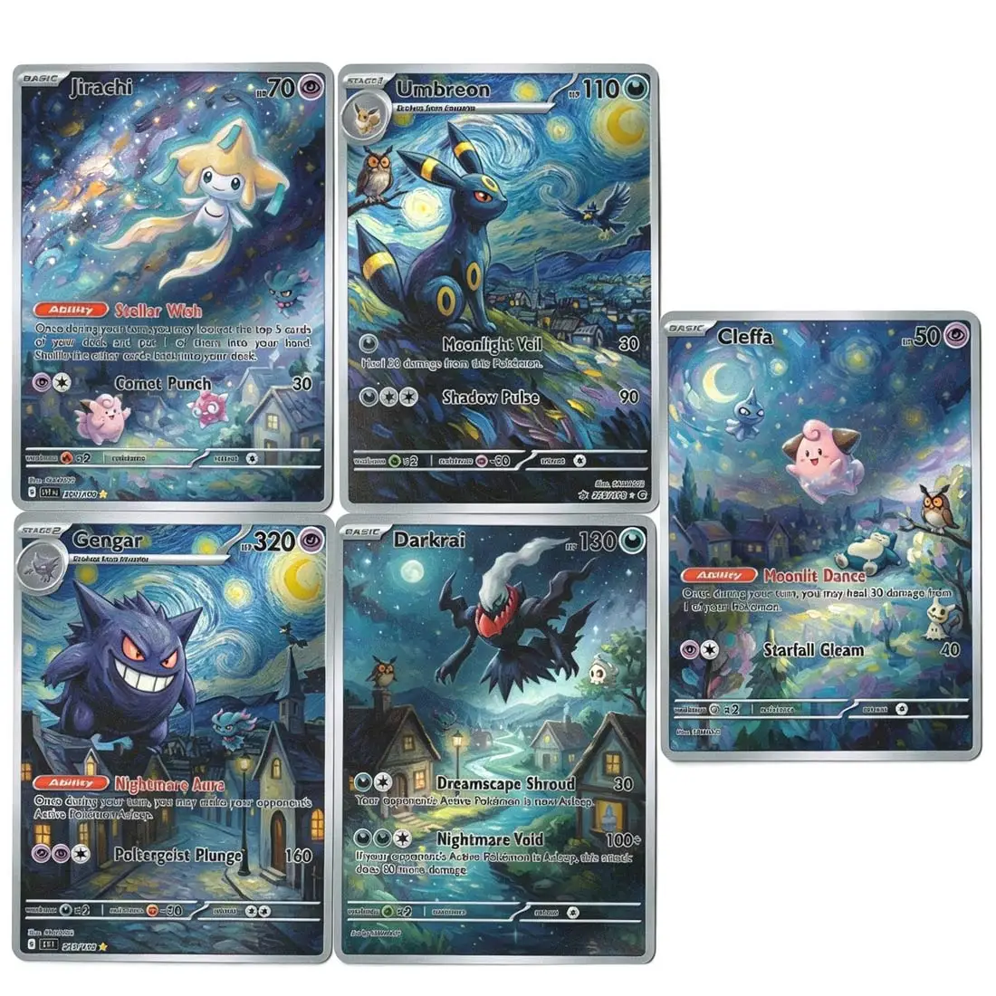 Pokemon PTCG Cards 5Pcs Creativity Rare Holo Umbreon Jirachi Gengar Darkrai Cleffa Pokemon Crayon Style Card Gift