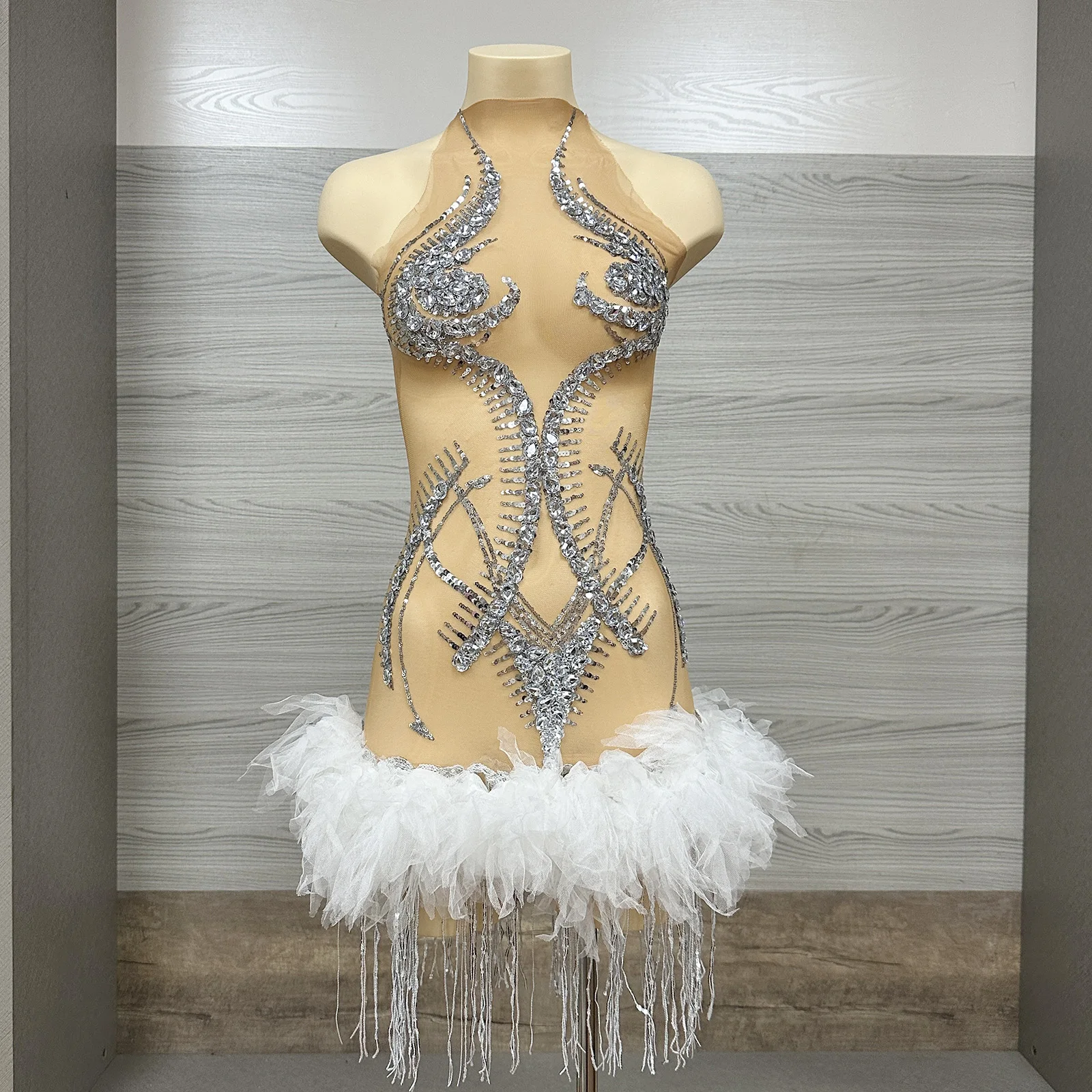 Women Silver Nude Sexy Mini Dress White Halter Neck Rhinestone Feather Ruffle Sheer Mesh Stage Showgirl Nightclub Drag Queen