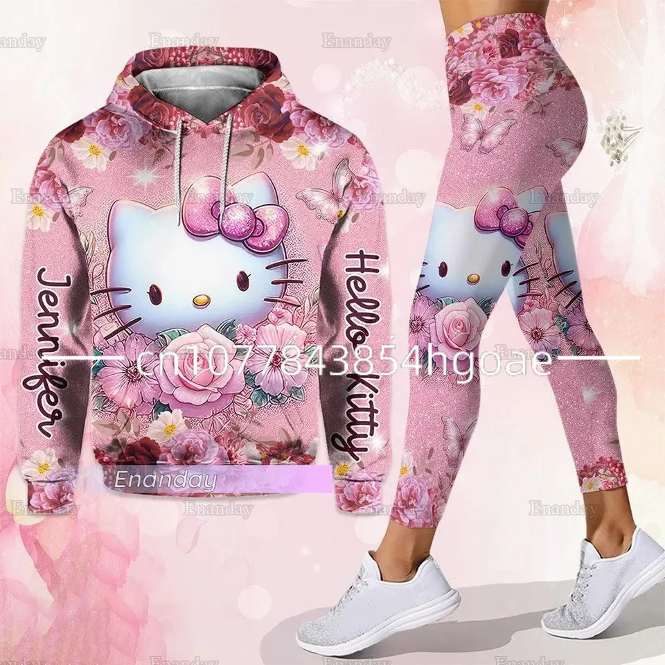 2024 New Hello Kitty 3D Hoodie Women\'s Hoodie Leggings Suit Stitch Yoga Pants Sweatpants Fashion Sports Suit Disney Yoga Suit